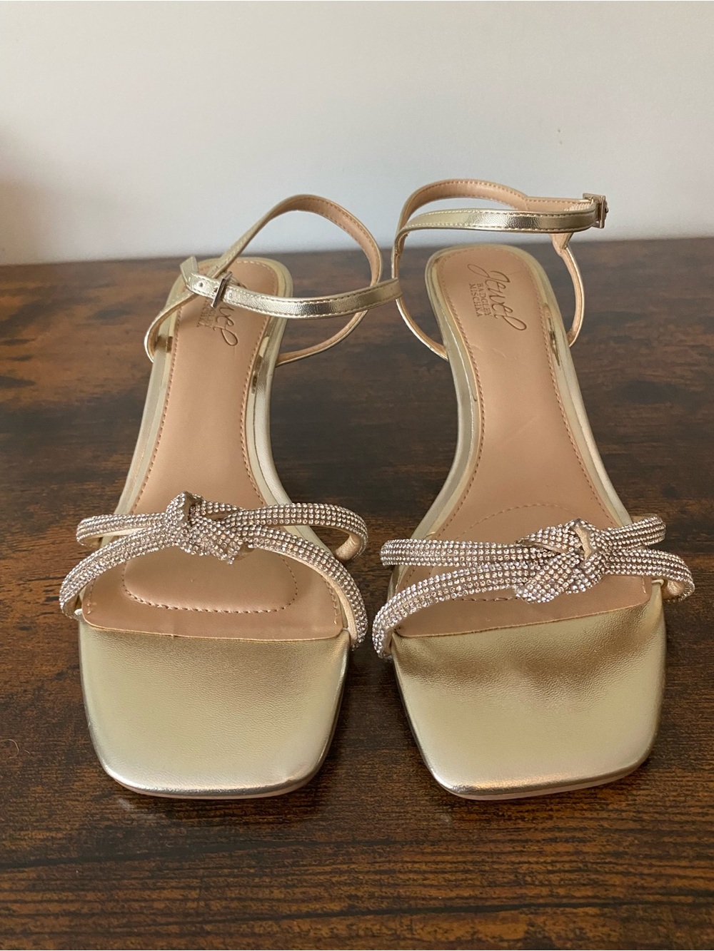 Jewel Badgley Mischka Gold Knotted Crystal-Strap Ankle Sandals